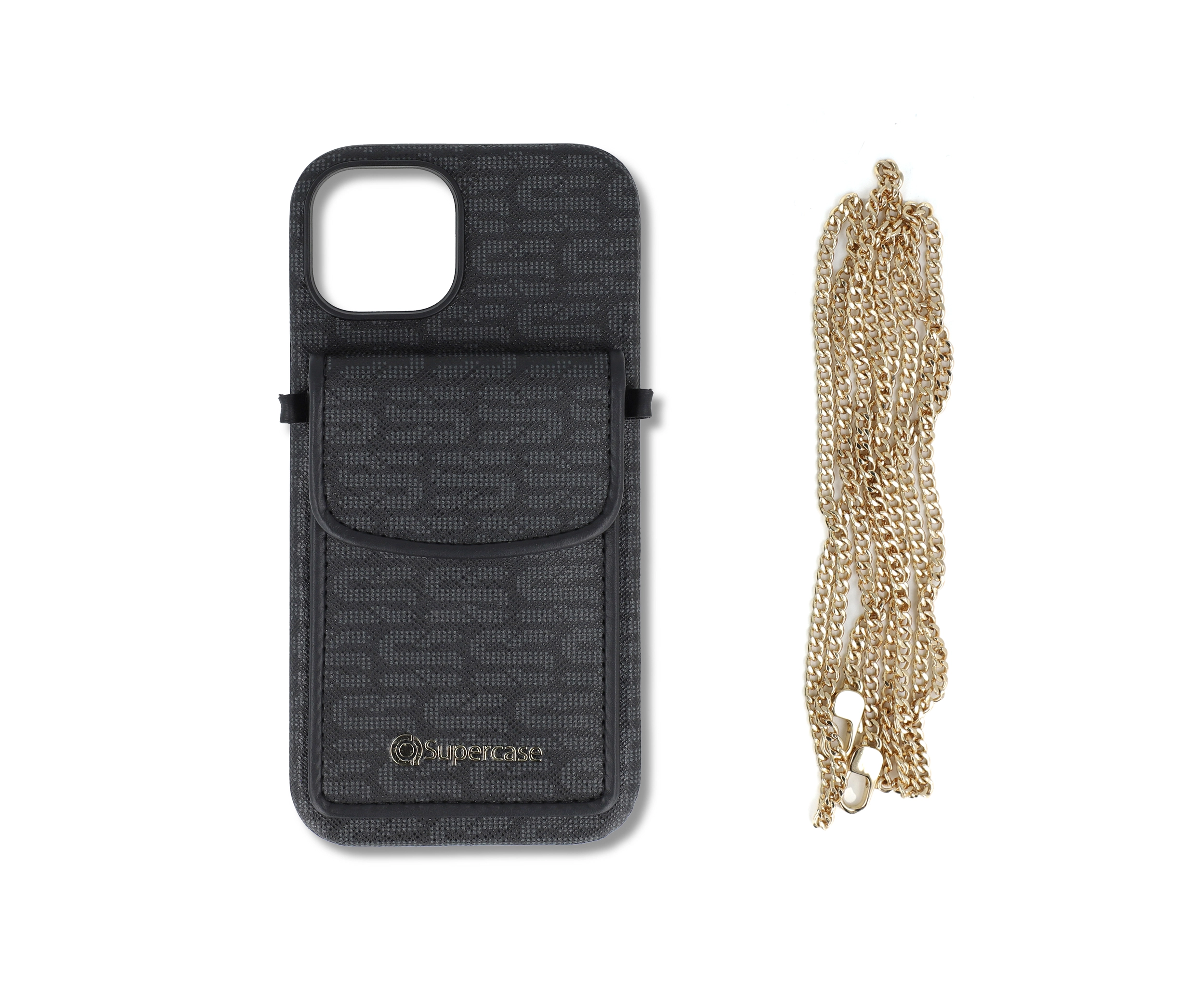 Black PU Leather Phone Case with Pocket and Chain