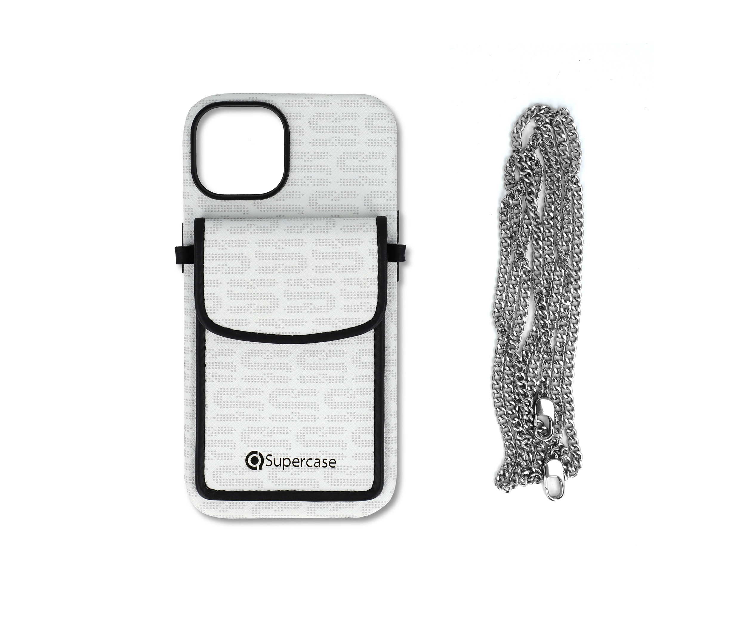 White PU Leather Phone Case with Pocket and Chain