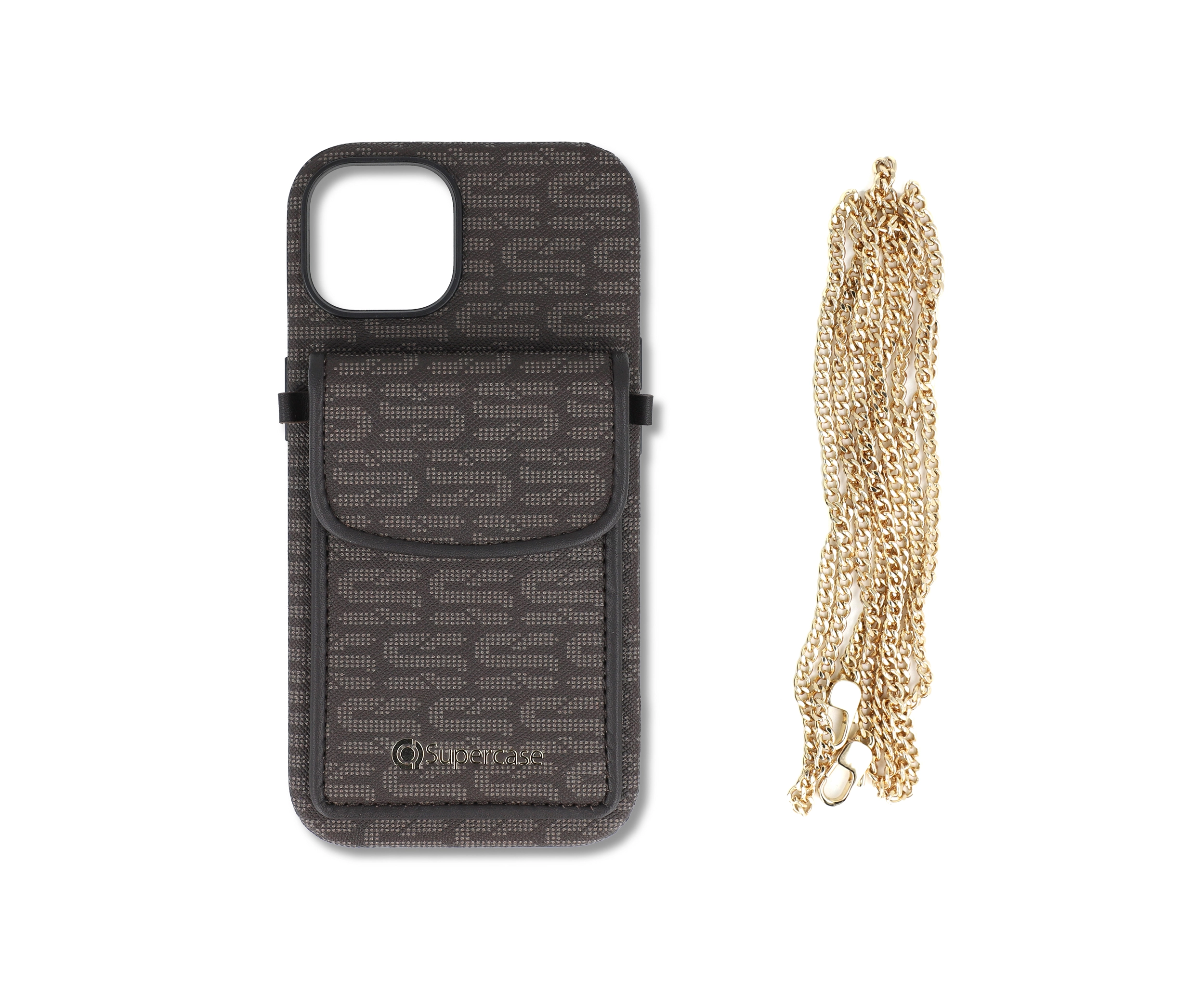 Brown PU Leather Phone Case with Pocket and Chain